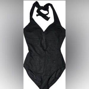 NWT Spanx Black Pique Shaping Halter 1 Piece Swimsuit Bathing Suit Size L $188